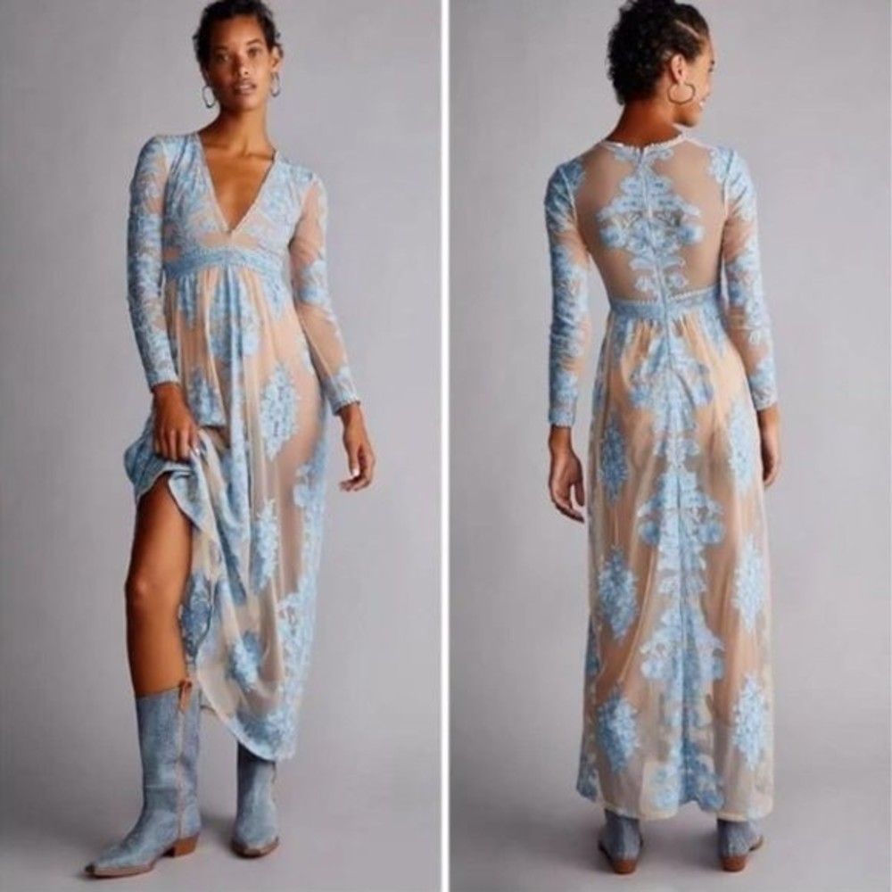 Free People For Love & Lemons Temecula Maxi Dress Size XS Blue